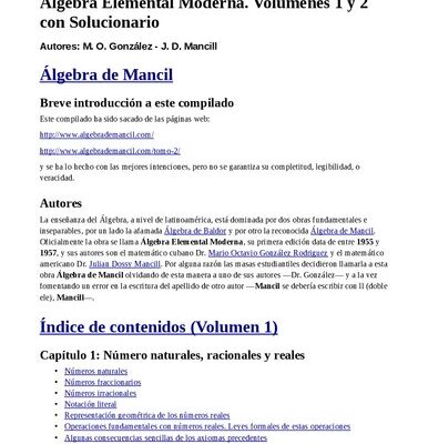 خرید و دانلود نسخه کامل کتاب Álgebra de Mancil - Álgebra Elemental Moderna. Volúmenes 1 y 2 con Solucionario