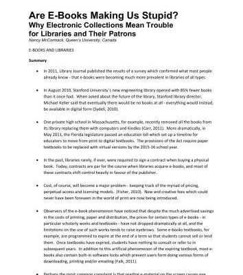 خرید و دانلود نسخه کامل کتاب Are E-Books Making Us Stupid?: Why Electronic Collections Mean Trouble for Libraries and Their Patrons [summary only]
