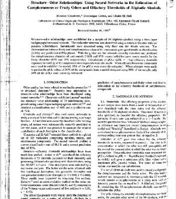 خرید و دانلود نسخه کامل کتاب Structure-Odor Relationships[c] Using neural networks in the estimation of camphoraceous of fruity odors and olfactory thresholds of aliphatic alcohols